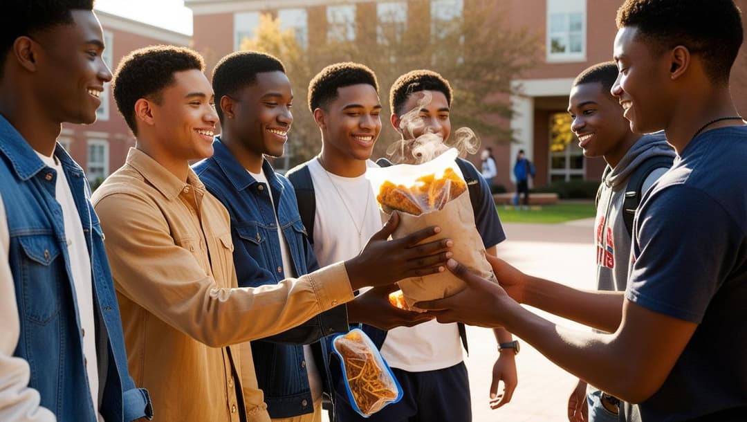 Students placing a bag of warm food into other students hand 