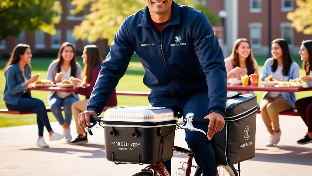 Close-up of a delivery partner on a bicycle, wearing a branded food delivery jacket, carrying a thermal food bag. Behind them, a college campus is visible with a few students enjoying food on benches..jpg