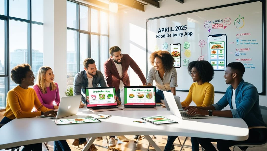 An energetic team meeting at a startup office with laptops open, planning a food delivery app launch. The whiteboard behind them highlights April 2025 as the launch date, with sketches of app features and goals..jpg