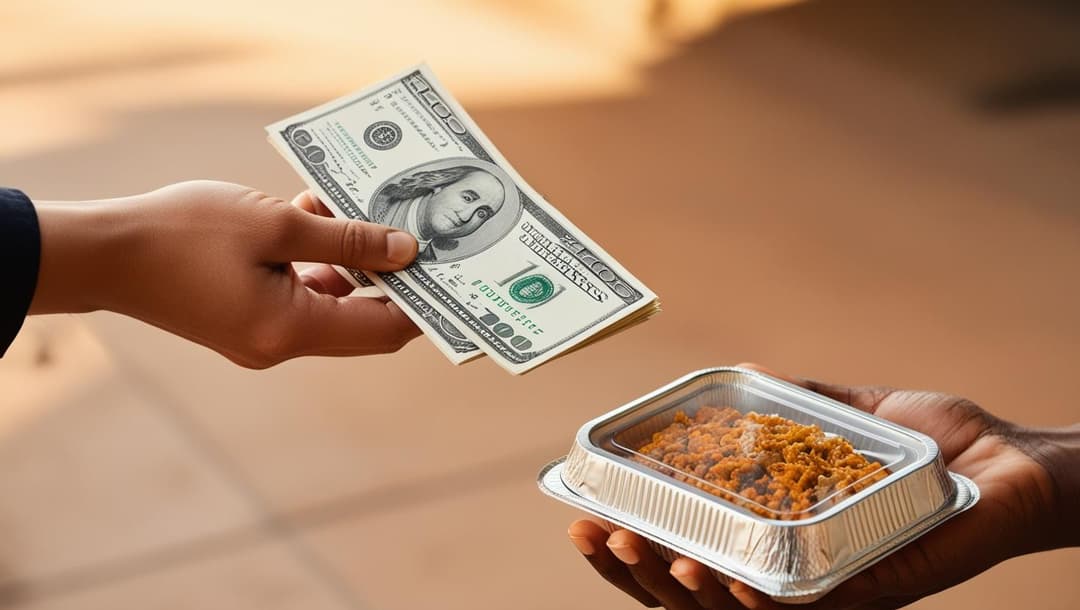 images/image of 2 hands, one handing dollar bills to other and other giving packed food