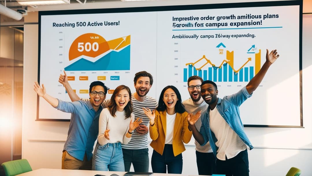 A meeting room with a startup team brainstorming and celebrating milestones like 500 active users. A projector screen in the background displays charts of order growth and plans for campus expansion..jpg