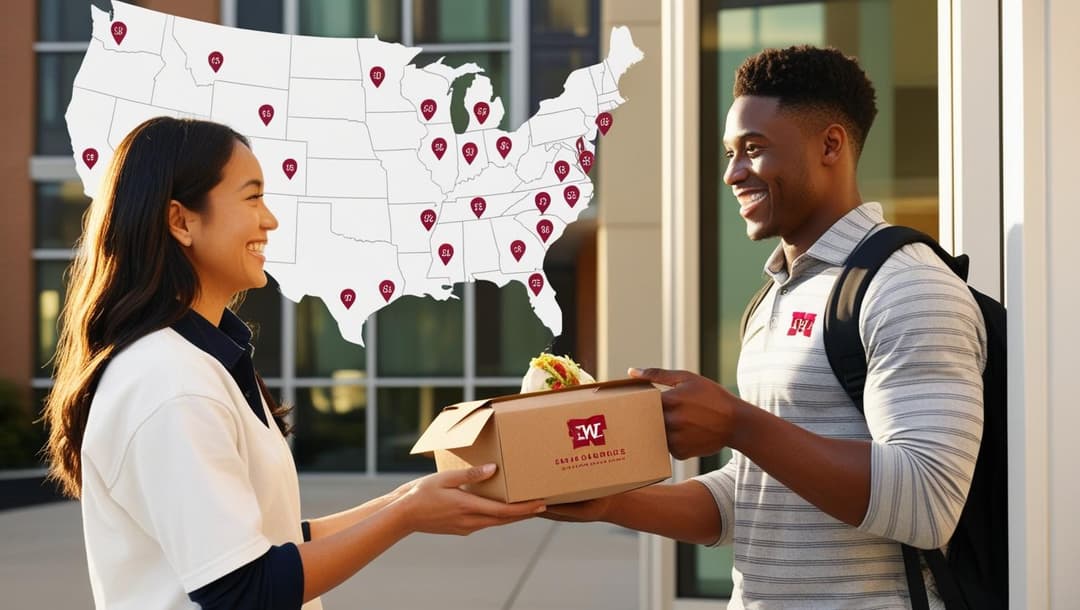 A delivery partner handing over a food package to a student outside a university dormitory. In the background, a map displays pins on 10+ campuses, emphasizing expansion goals.jpg