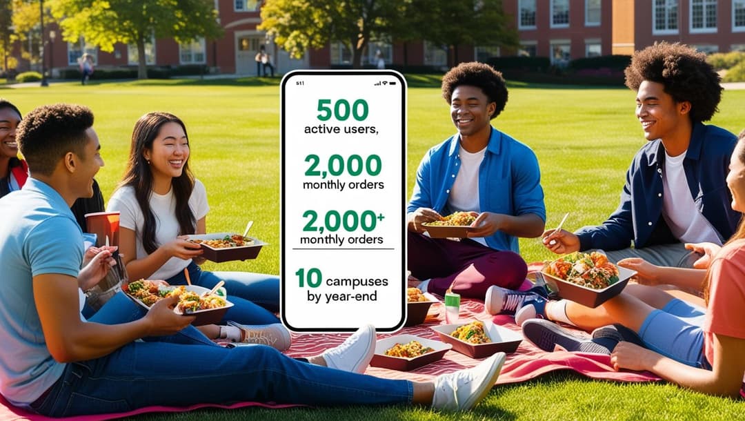 Students relaxing on campus lawns and enjoying food delivered from the app. A digital overlay shows app statistics, including '500 active users,' '2,000 monthly orders,' and '10 campuses by year-end.jpg